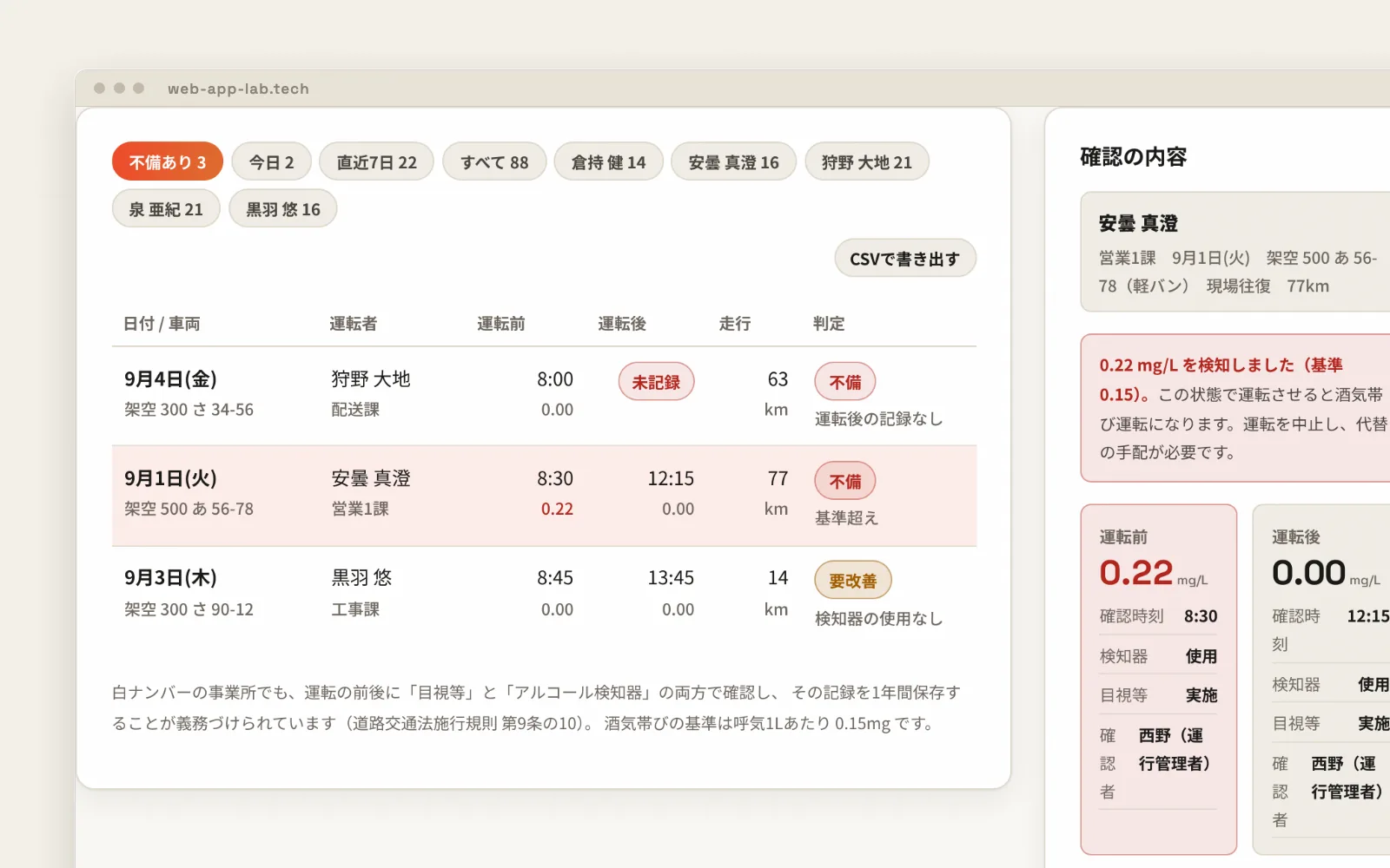 アルコールチェック・運行管理